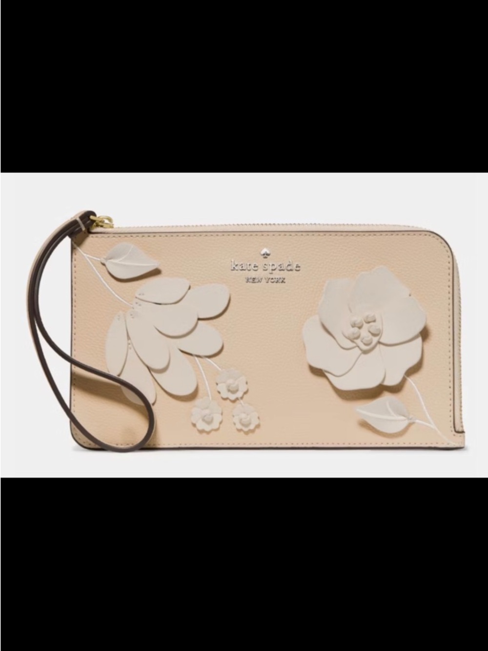 kate spade beige floral leather wristlet with cream appliqué